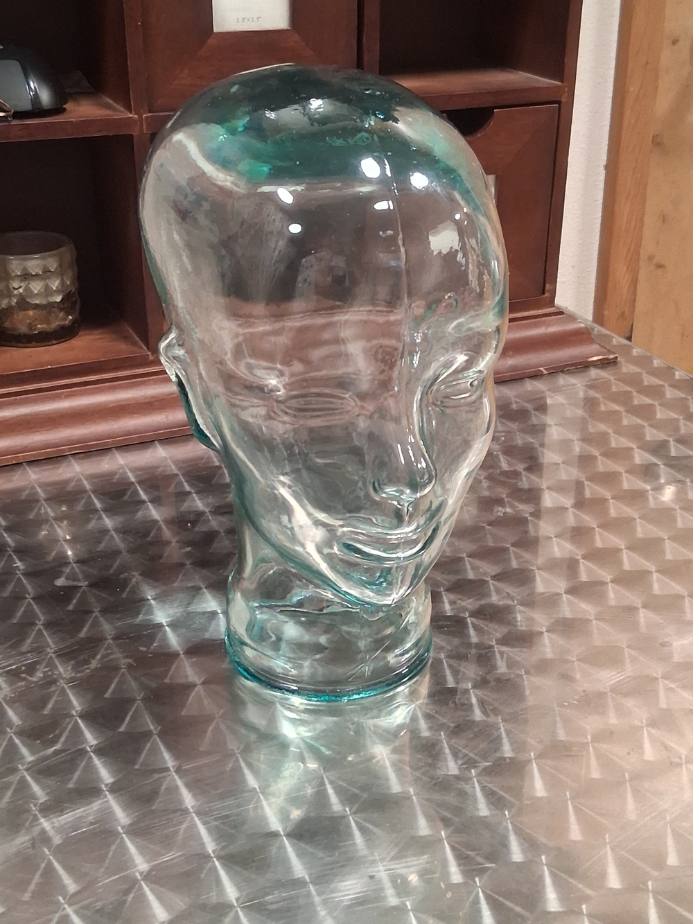 Handblown Clear Glass Head Sculpture with Aqua Tint
